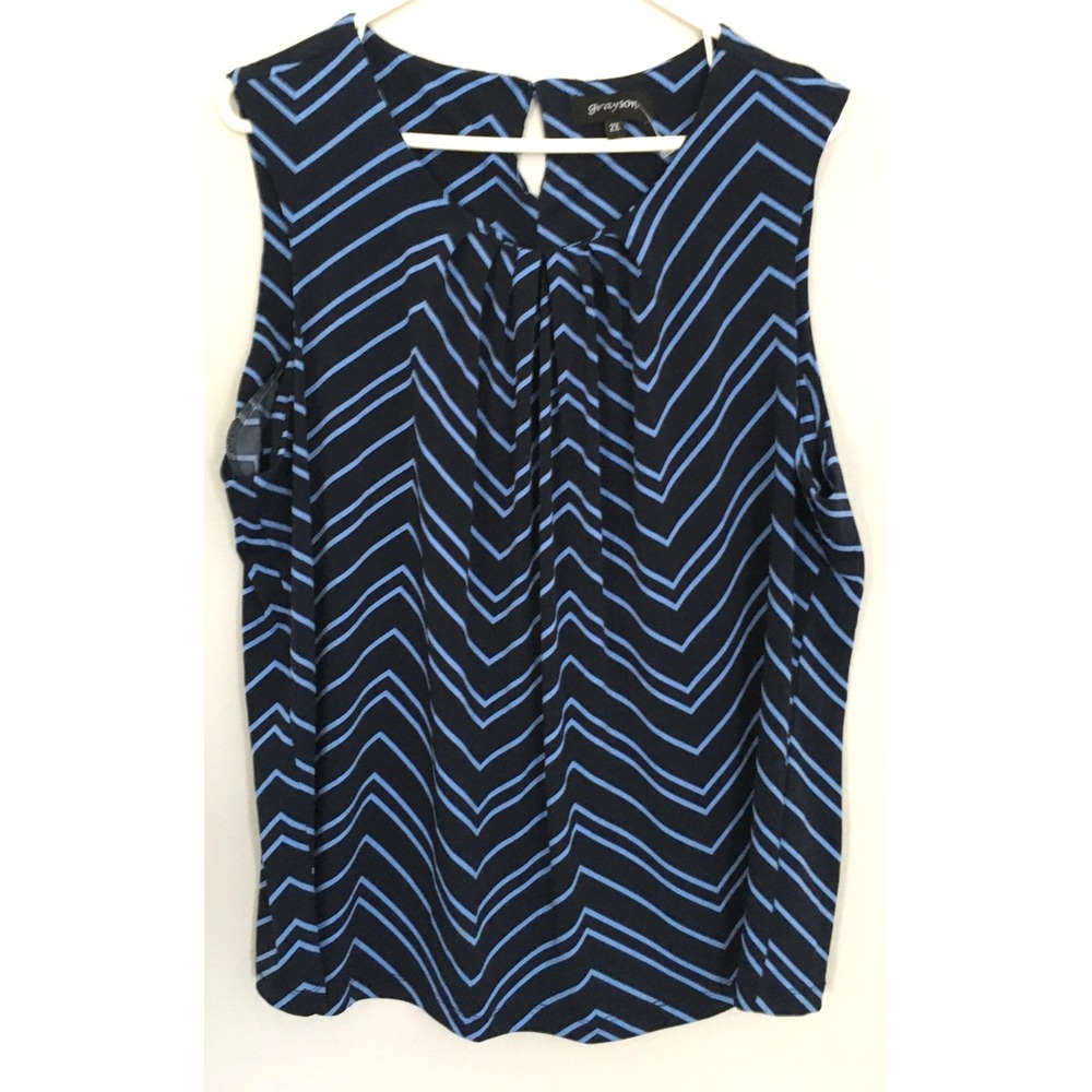 Grayson Shirt Womens 2XL Black Blue Chevron Sleeveless Twist‎ Front Plus Blouse